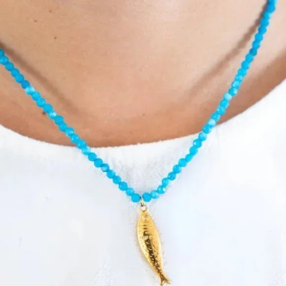 Fish Pendant + Blue Beaded Necklace Gold Fish Necklace WATERPROOF Jewelry PRETTY - Picture 8 of 11